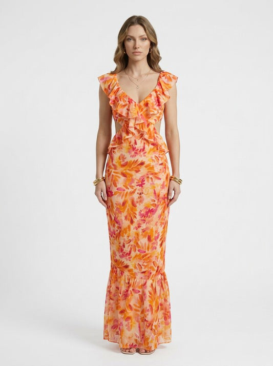 Floral Ruffle V Neck Maxi Cocktail Dress