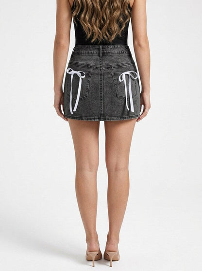 Bow Decor Denim Mini Skirt