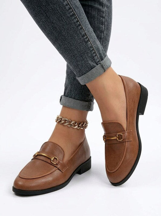 Women's Round Toe Metal Buckle Flat Loafers