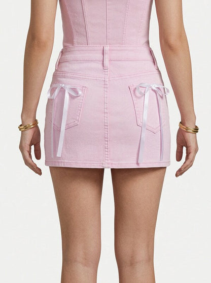 Bow Decor Denim Mini Skirt