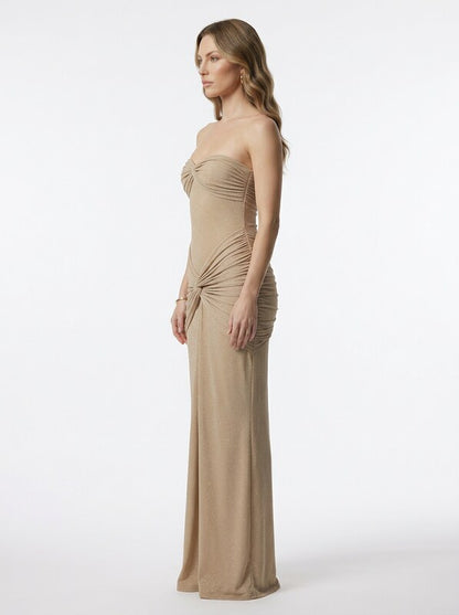 Strapless Ruched Shimmer Maxi Dress