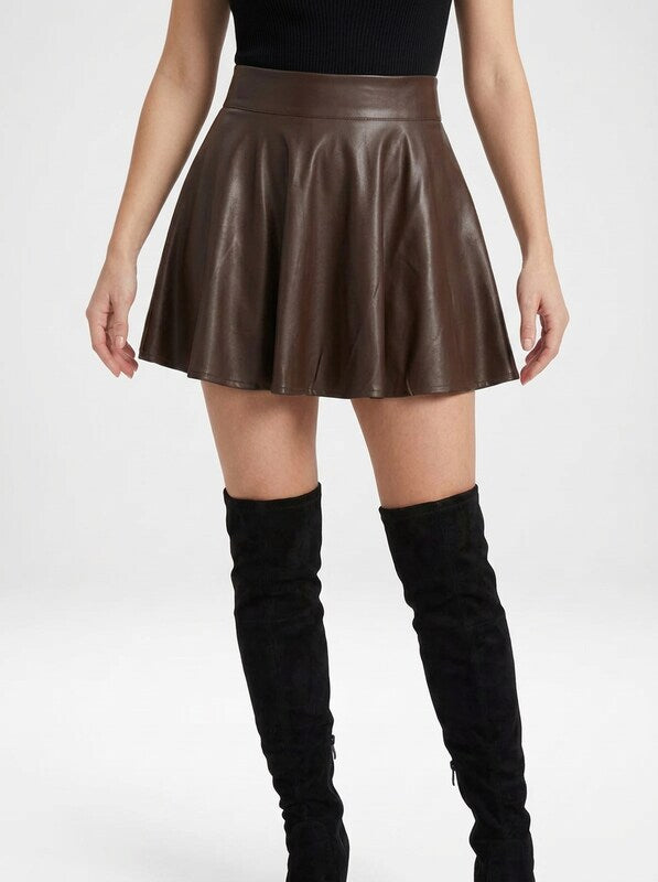 PU Leather Pleated Flare Mini Skirt