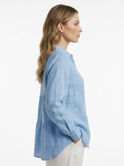 Women's Solid Button Front Long Sleeve Collared Blouse