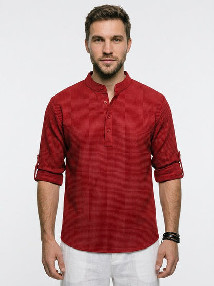 Men’s Long Sleeve Henley Stand Collar Button Shirt
