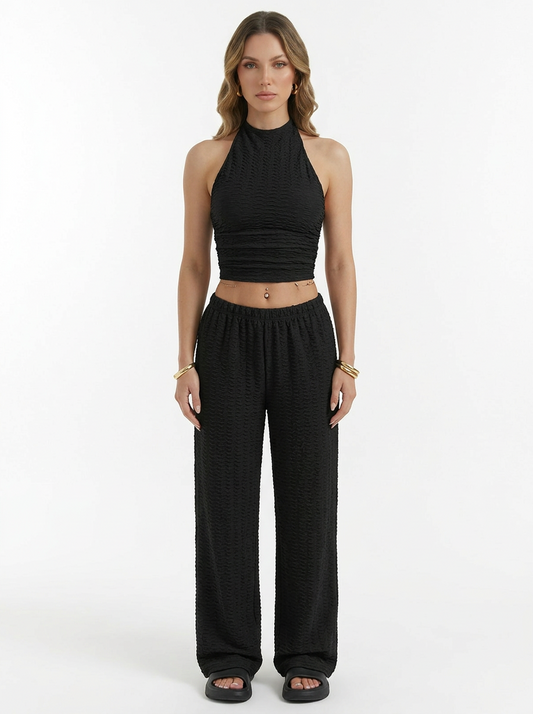 Halter Crop Top & Wide Leg Pants Two Piece Set