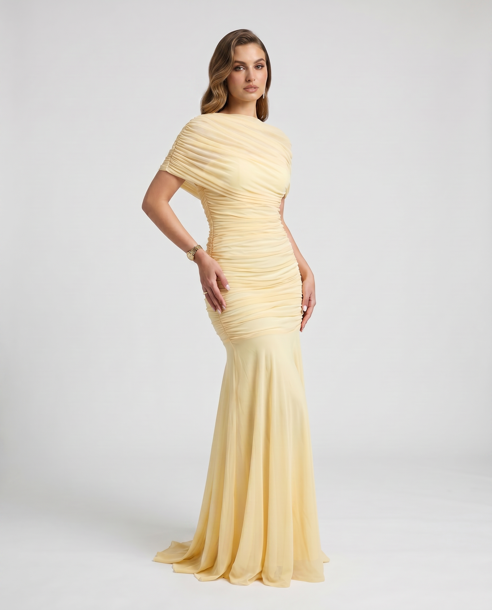 Shelby | Vestido largo drapeado corte sirena con manga corta