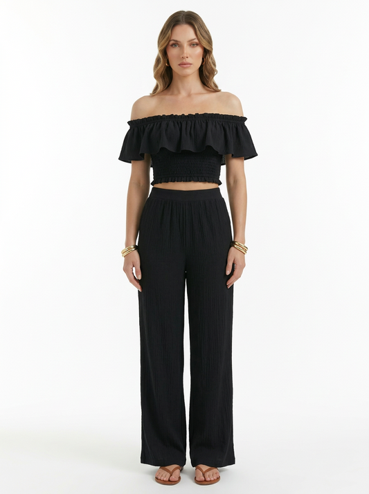 Women's Off Shoulder Ruffle Top & Wide Leg Pants Two Piece Set