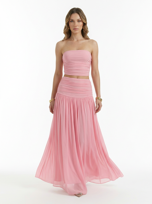 Strapless Bandeau Top & Pleated Skirt Two Piece Set