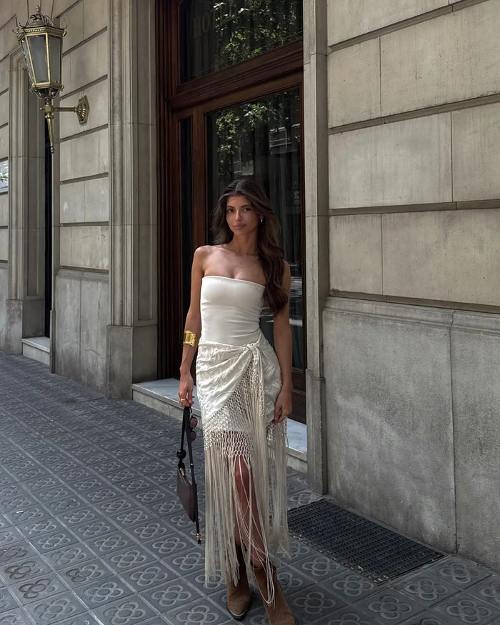 Zariah | Falda cruzada con bordado y flecos